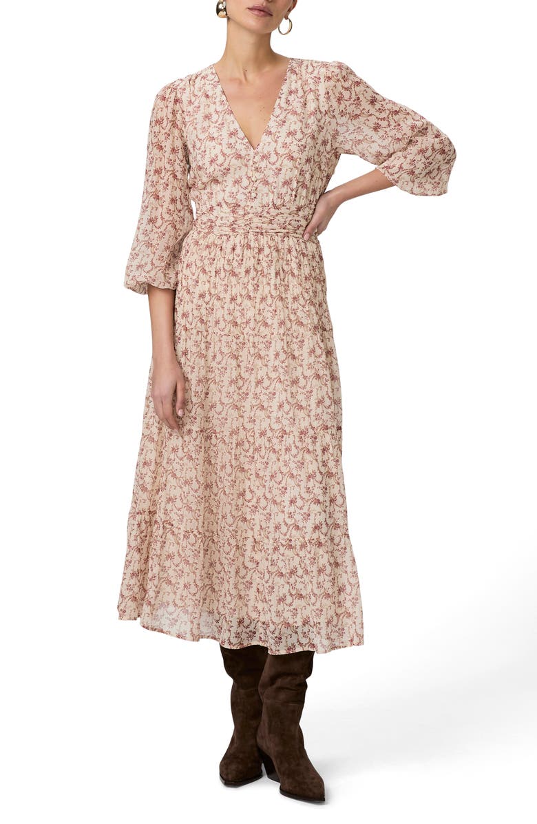 PAIGE Nicolo Floral Long Sleeve Silk Chiffon Midi Dress, Main, color, Cream/ Flagstone