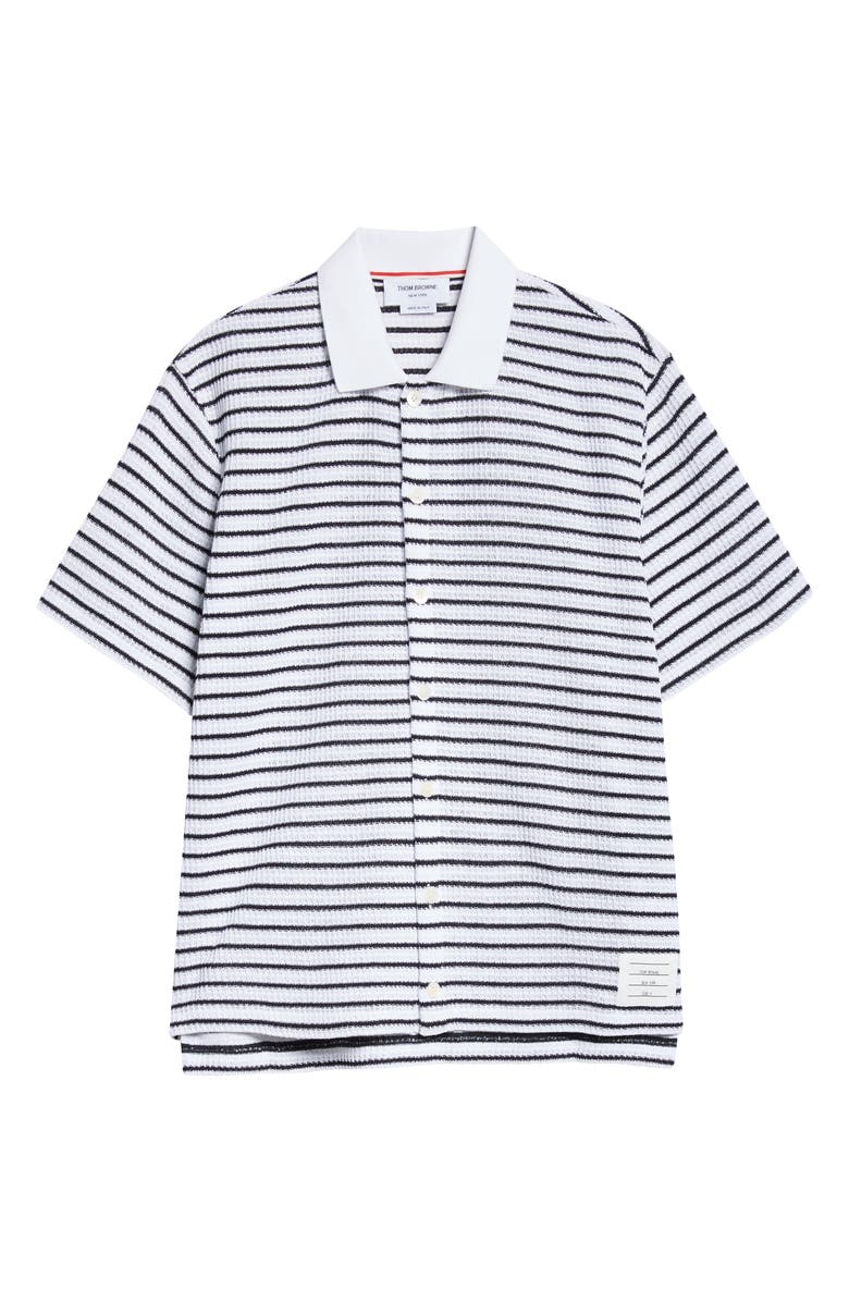 Stripe Short Sleeve Cotton Knit Button-Up Shirt