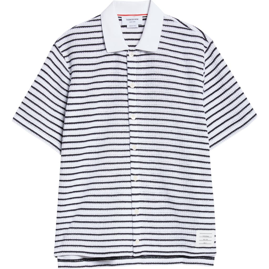 Thom Browne Stripe Short Sleeve Cotton Knit Button-up Shirt In Navy