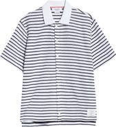 Thom Browne Stripe Short Sleeve Cotton Knit Button-Up Shirt