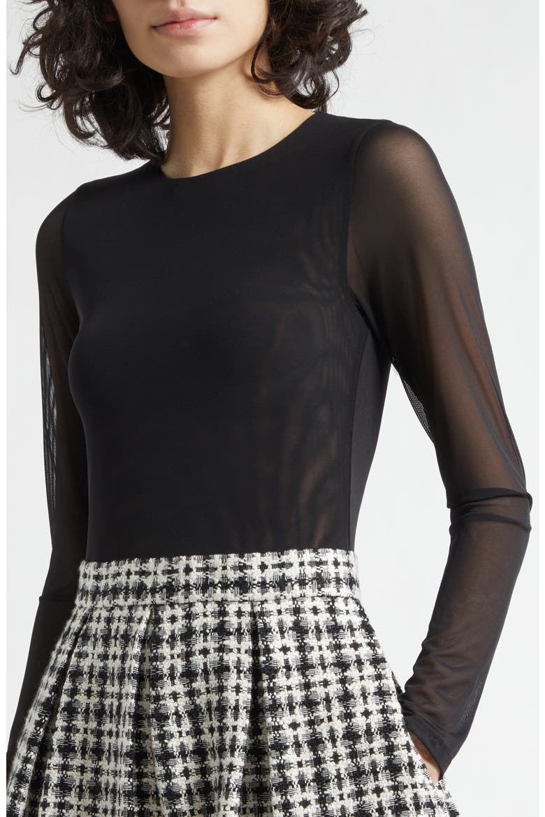 Chara Long Sleeve Mixed Media Party Dress, Alternate, color, BLACK/ OFF WHITE