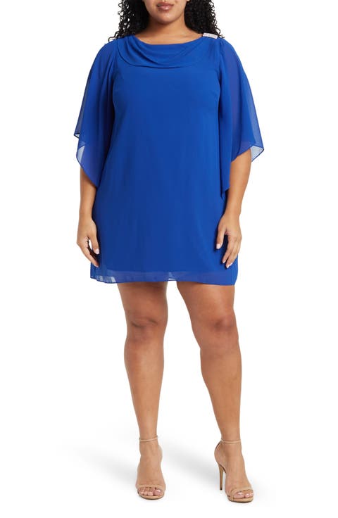 Cowl Neck Flutter Sleeve Chiffon Shift Dress (Plus Size)