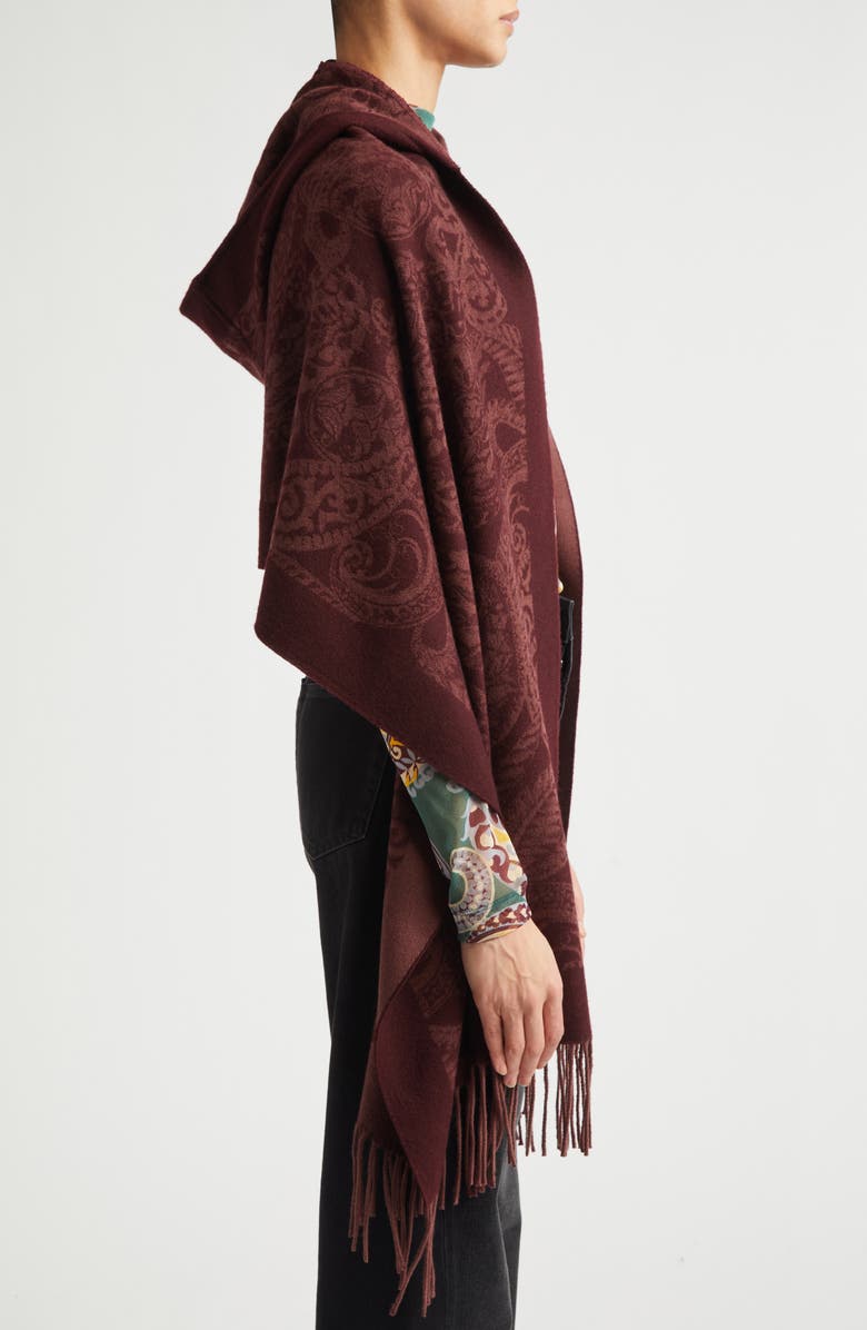 Etro Hooded Wool Paisley Fringe Scarf, Alternate, color, Burgundy