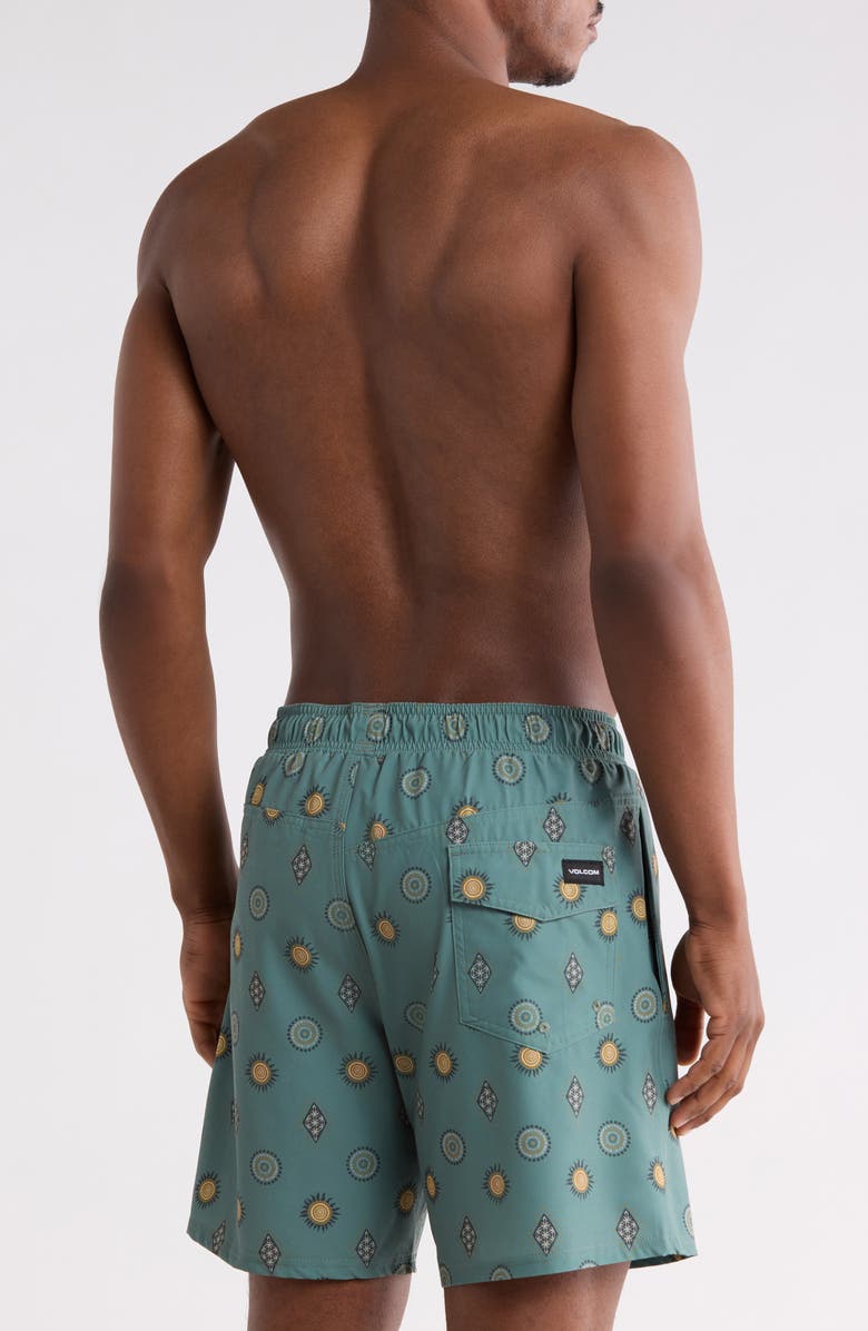 Volcom Manic Print Swim Trunks, Alternate, color, Light Olive
