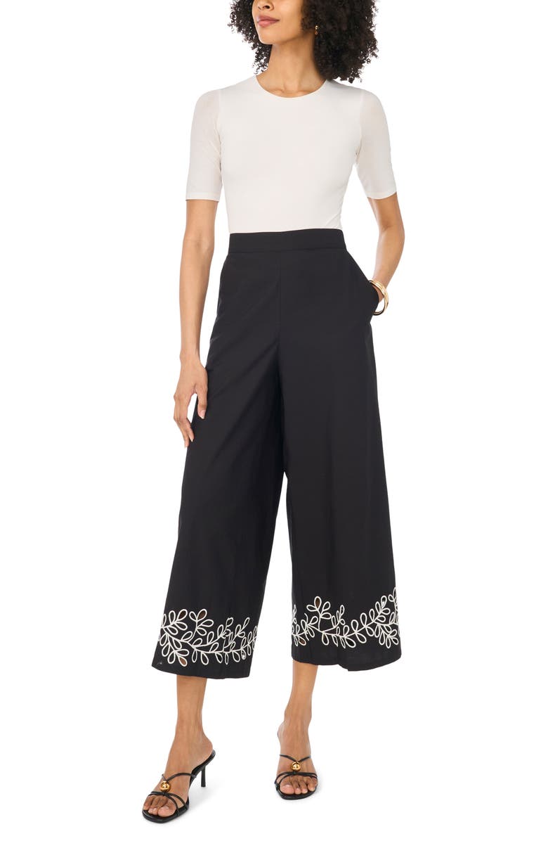 Vince Camuto Embroidered Cutout Crop Pants, Alternate, color, Rich Black