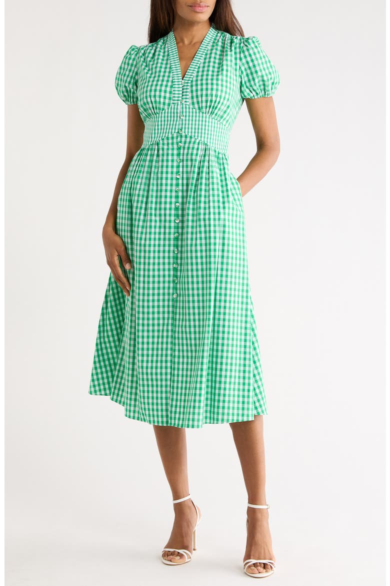 Erica Puff Sleeve Gingham Sundress, Main, color, INDIAN GREEN/ WHITE
