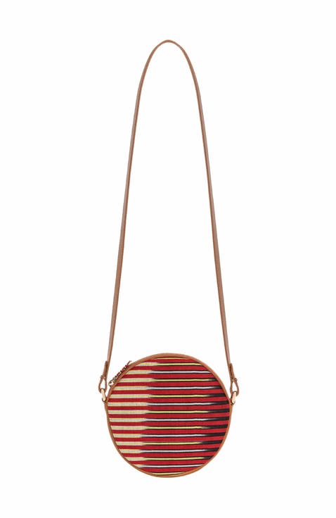 Genuine Leather & Striped Fabric Pattern Crossbody Bag