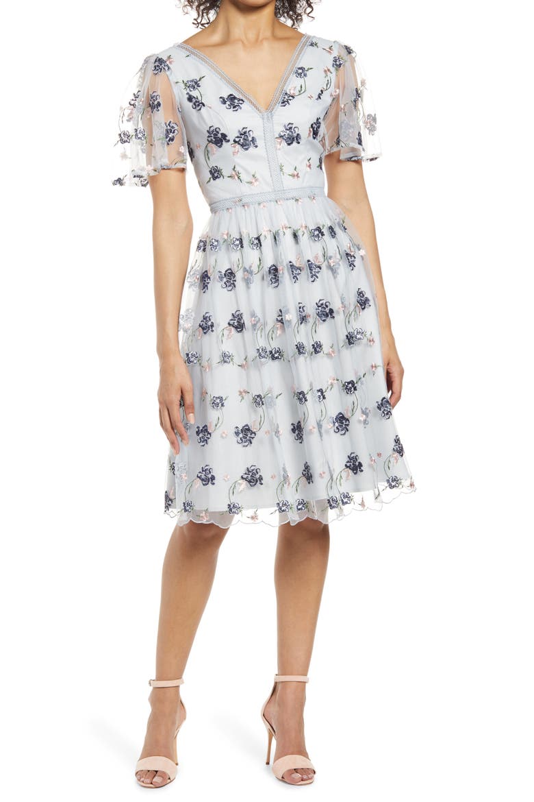 Floral Embroidered Tulle Cocktail Dress, Main, color, BLUE