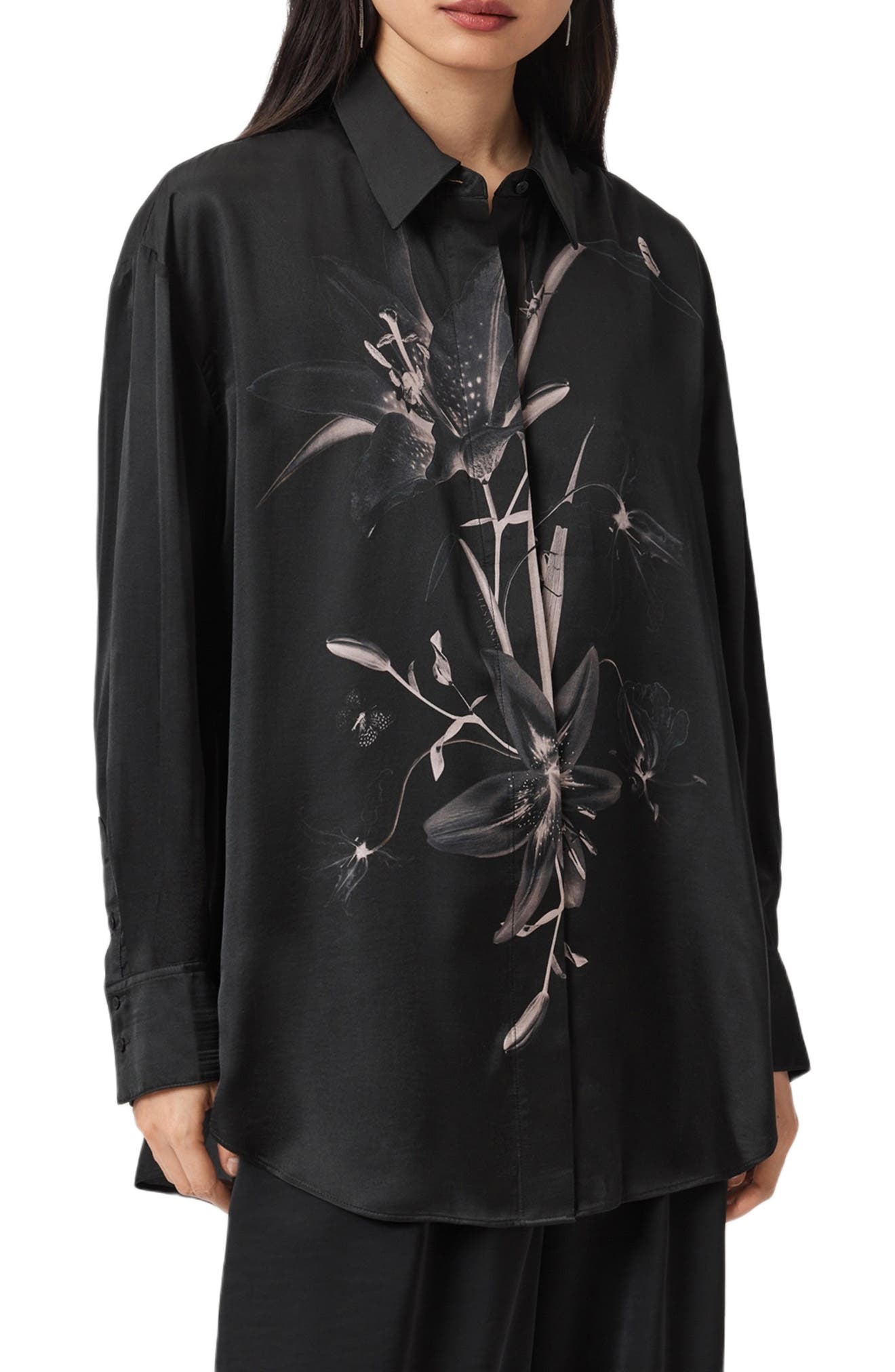 AllSaints Bernie Floral Print Long Sleeve Woven Shirt