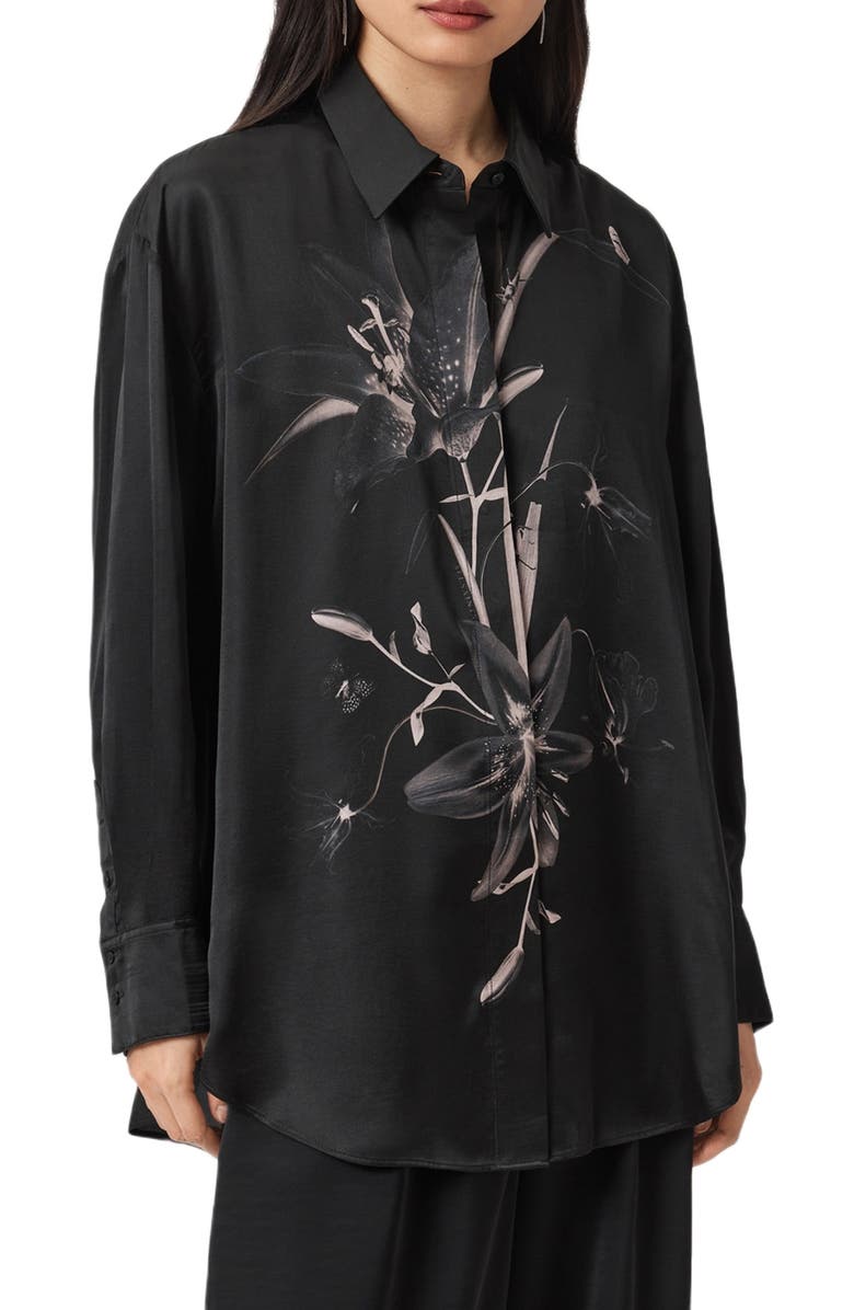 AllSaints Bernie Floral Print Long Sleeve Woven Shirt, Main, color, Petra Black