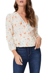 PAIGE Ninette Orchid Print Linen & Cotton Wrap Blouse
