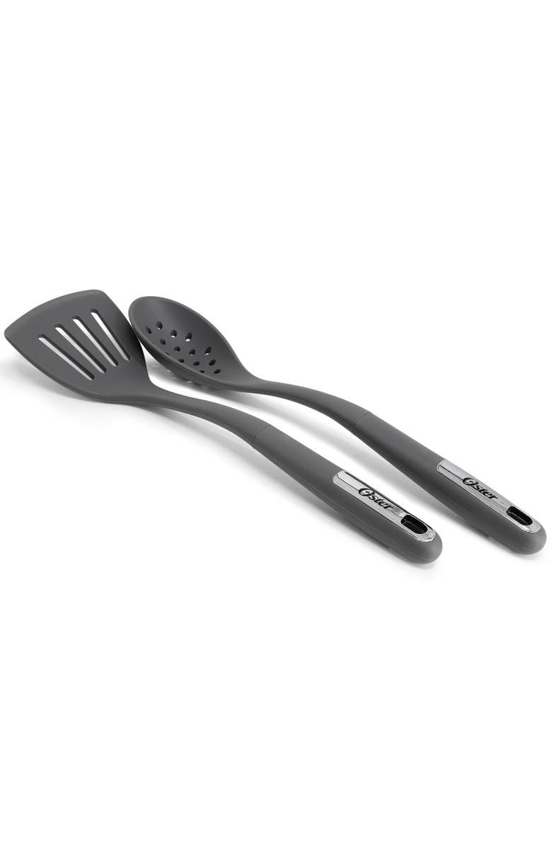 OSTER Ridgecrest 2 Piece Silicone Kitchen Tool Slotted Spoon and Turner Set, Alternate, color, Gray