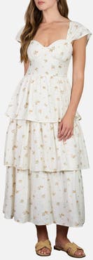 AUGUST SKY Floral Cap Sleeve Tiered Sundress