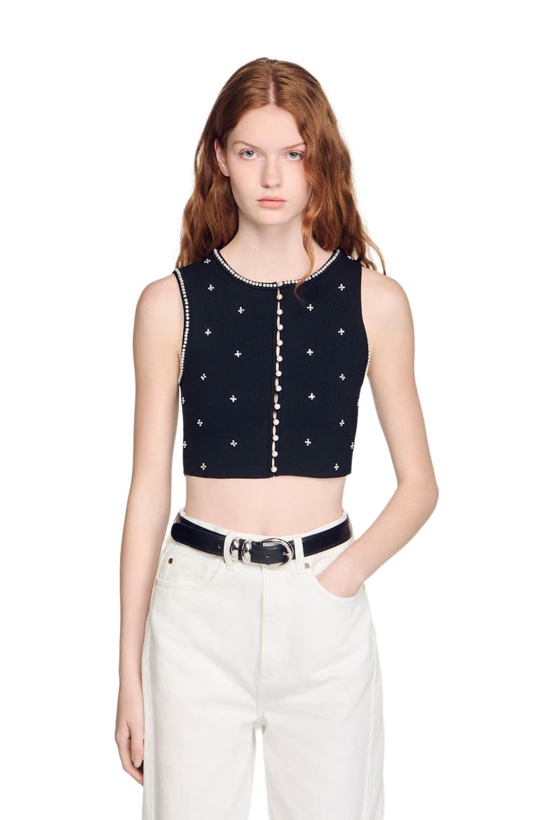 Jewelled embroidered knit crop top, Main, color, Black