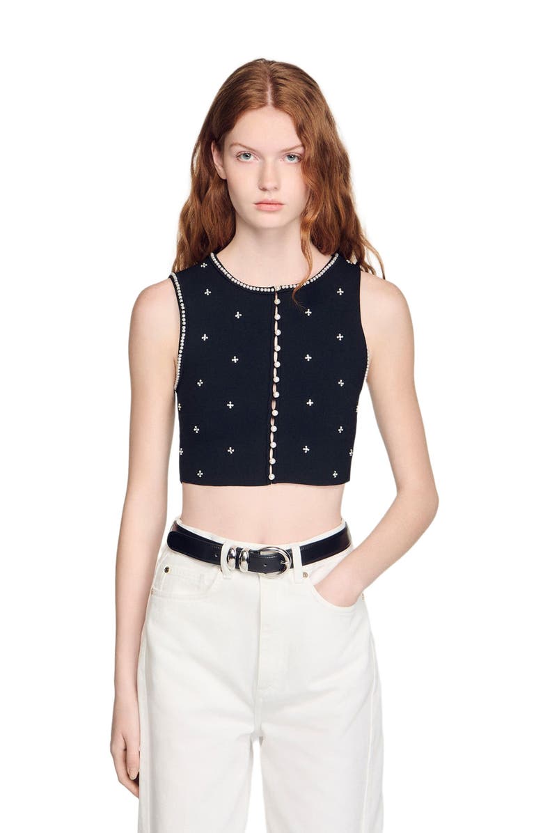 SANDRO Jewelled embroidered knit crop top, Main, color, Black