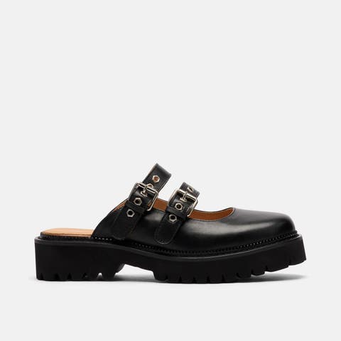 Lexi Leather Double-Buckle Lug Mules
