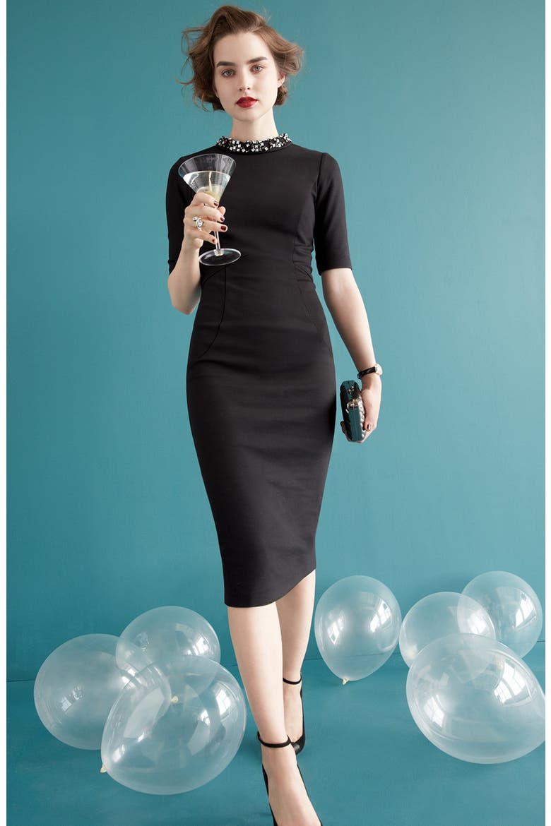 Stretch Knit Midi Dress, Alternate, color, BLACK