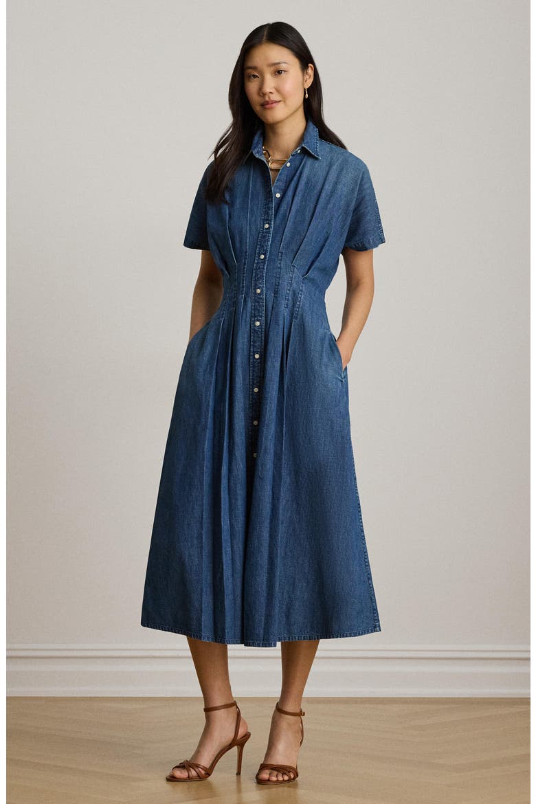 Pleat Denim Shirtdress, Alternate, color, ATLANTIC BLUE WASH