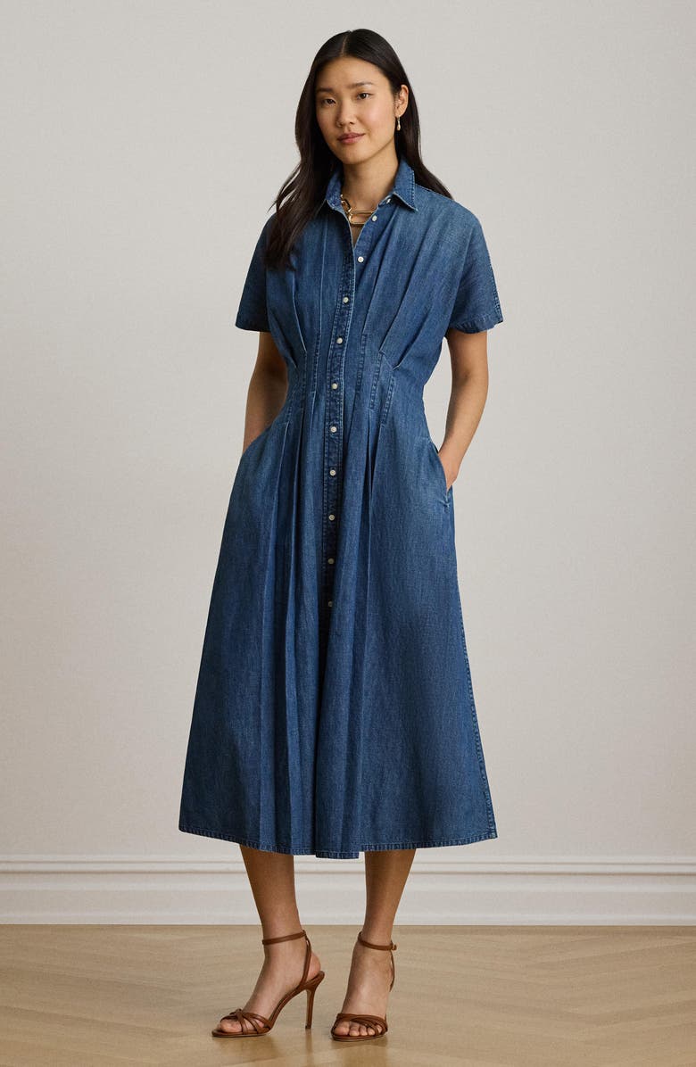Lauren Ralph Lauren Pleat Denim Shirtdress, Alternate, color, Atlantic Blue Wash