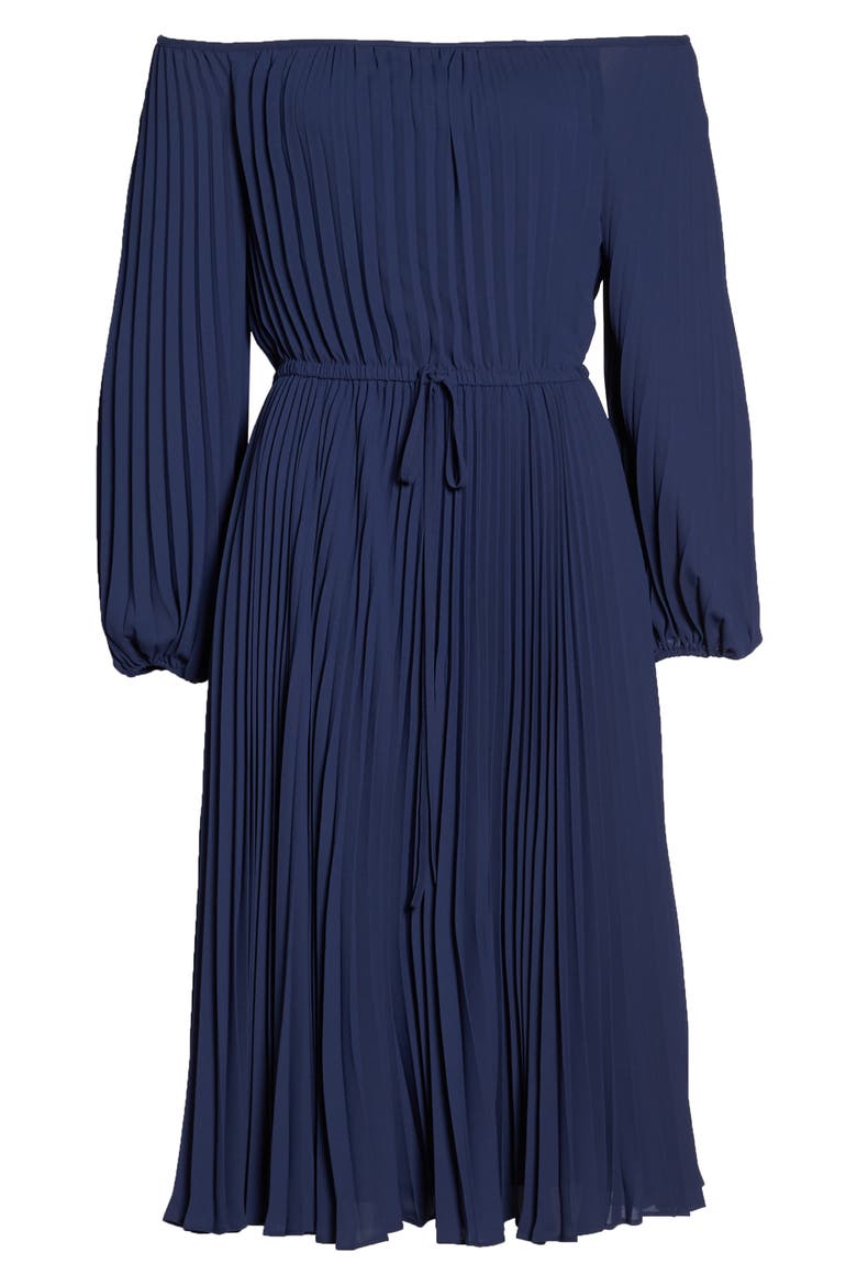 Elise Off the Shoulder Pleated Georgette Dress, Alternate, color, NAVY W/ SELF PIPING
