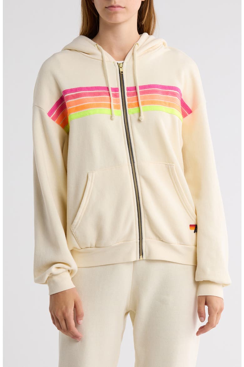 5-Stripe Zip Hoodie, Alternate, color, VINTAGE WHITE/ NEON
