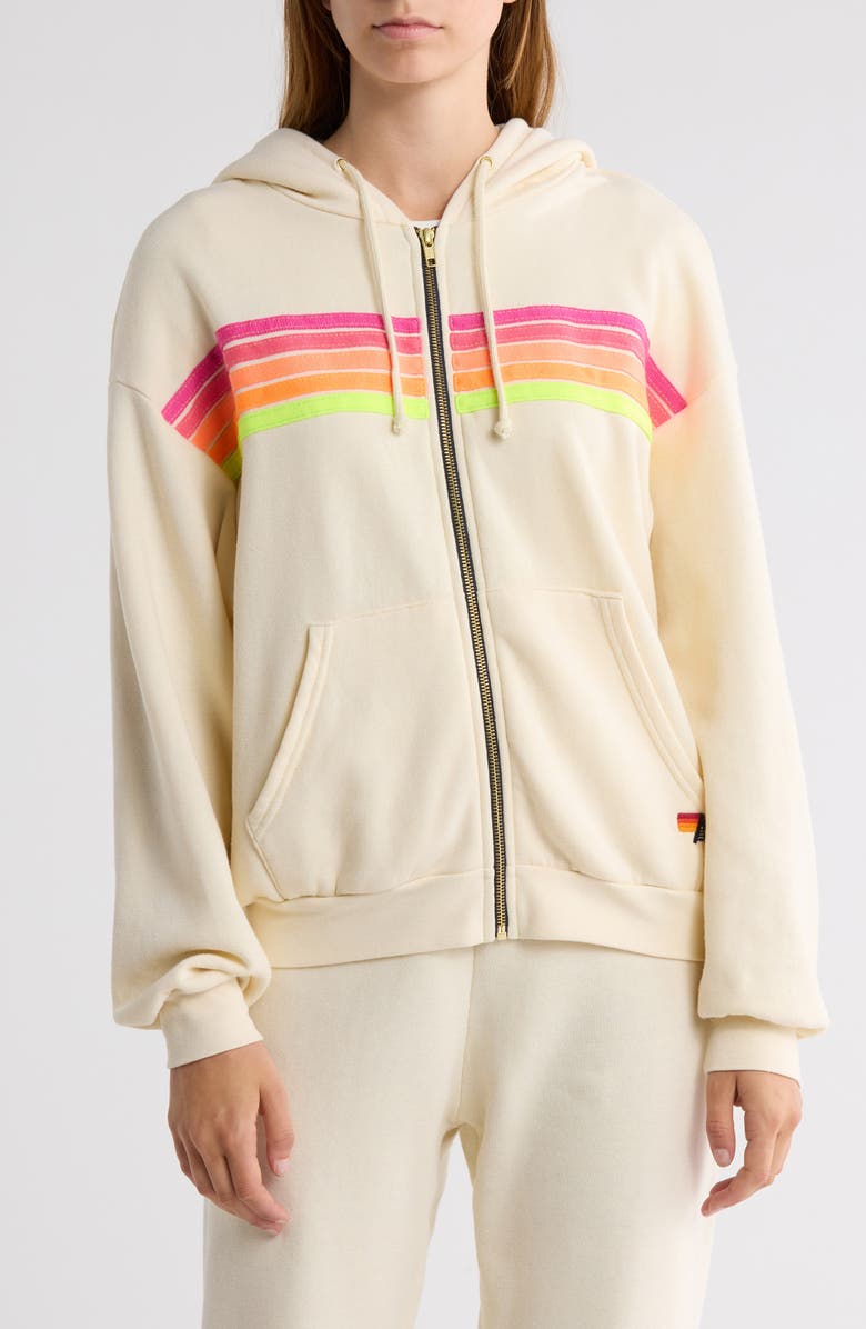 Aviator Nation 5-Stripe Zip Hoodie, Alternate, color, Vintage White/ Neon