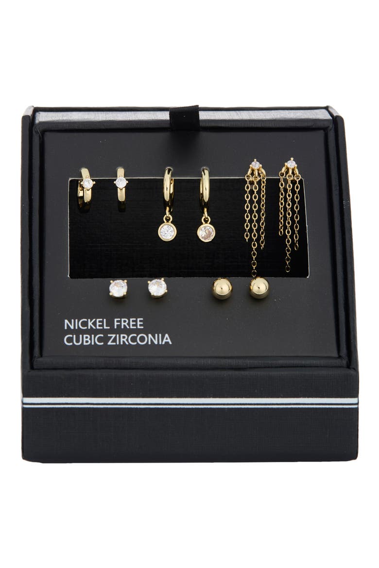 Demi-Fine 5-Pack Assorted Everyday Essential Earrings, Main, color, CLEAR- GOLD