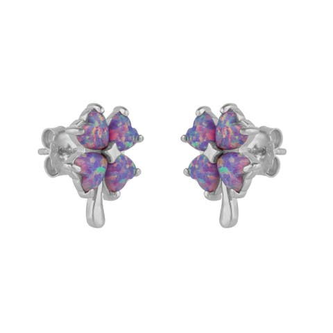 Pink Purple Opal Four Leaves Clover Sterling Silver Stud Earrings