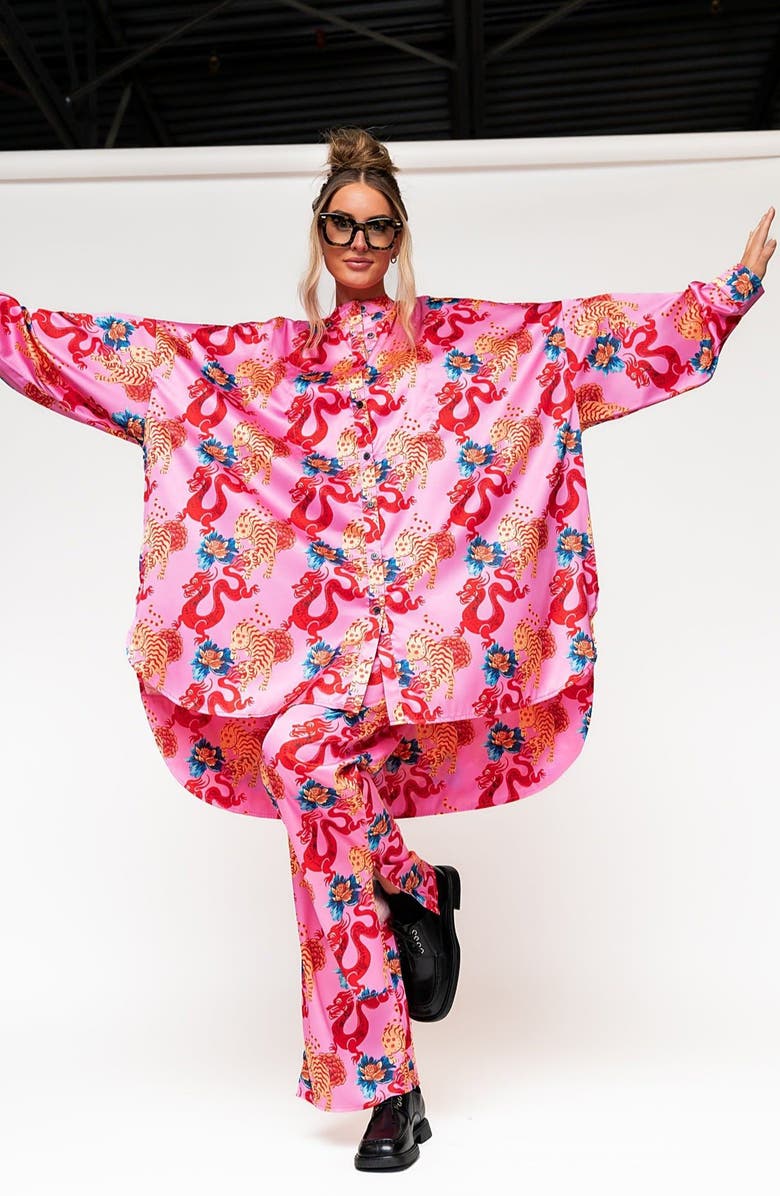 Dressed in Lala Dragon Satin Long Sleeve Top & Pants Set, Alternate, color, Pink Dragon