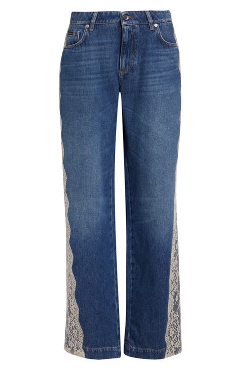 Lace Panel High Waist Straight Leg Jeans