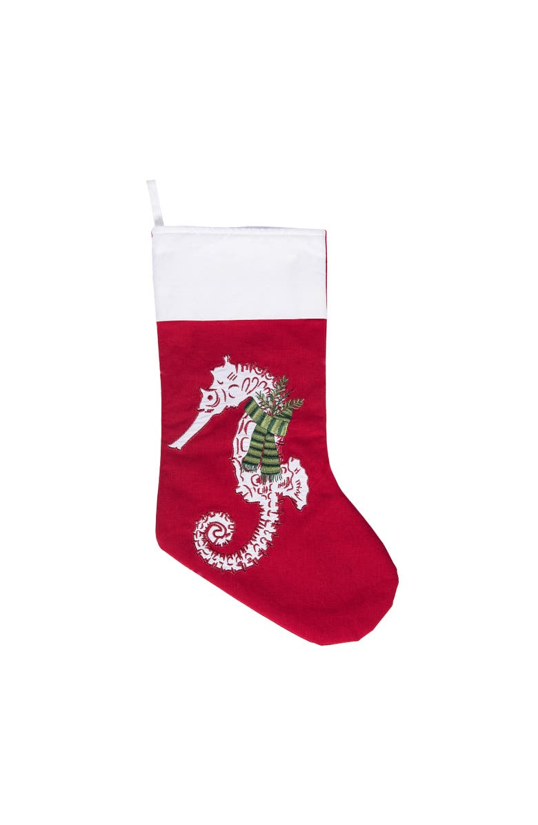 C&F Home 8.5" x 20" Holiday Seahorse with Pine Needle Green Scarf Christmas Stocking, Main, color, Red