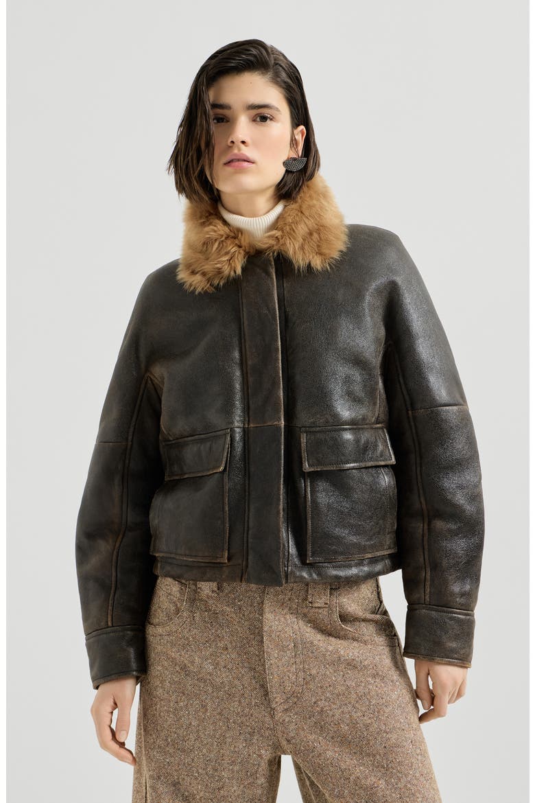 Vintage-effect shearling aviator jacket with monili, Main, color, Vintage Brown