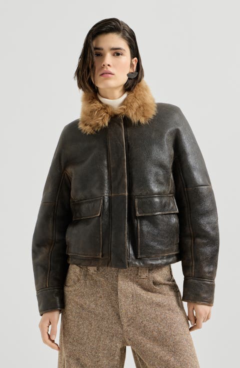 Vintage-effect shearling aviator jacket with monili