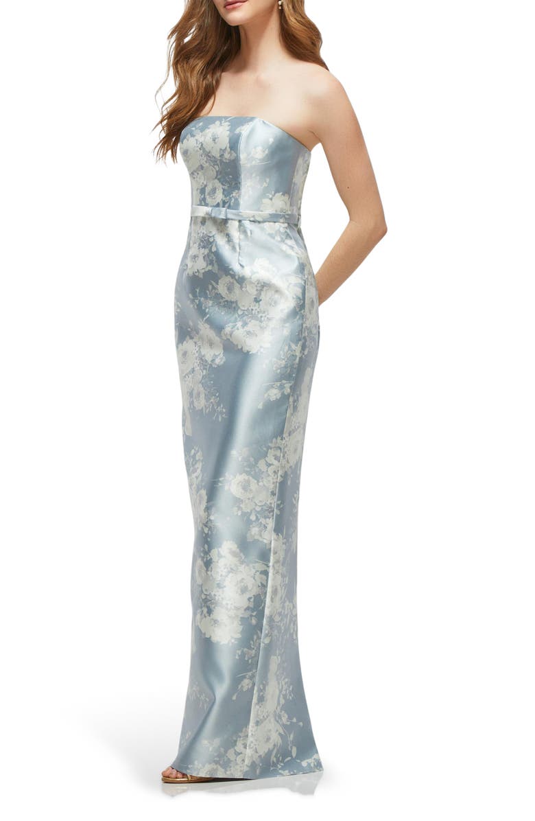 Floral Strapless Bow Belt Satin Twill Column Gown