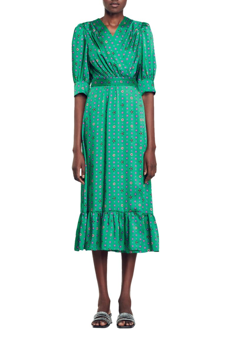 SANDRO Enrika Silk Faux Wrap Dress, Main, color, 