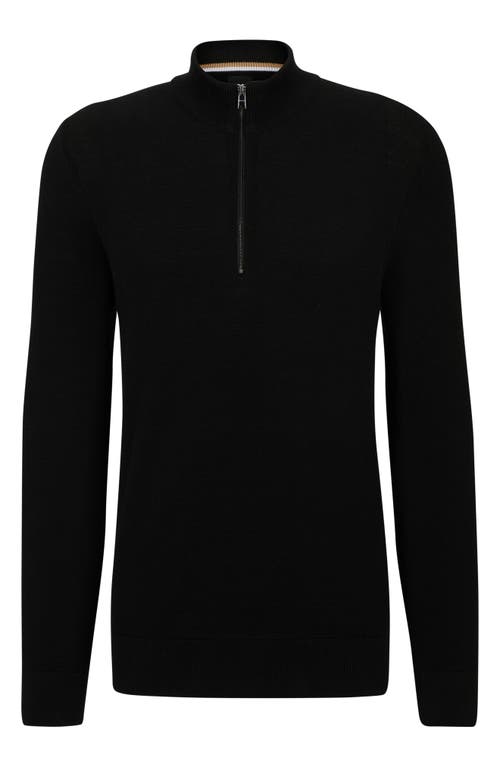 Hugo Boss Zip-neck Sweater In Virgin Wool With Logo Embroidery In Black