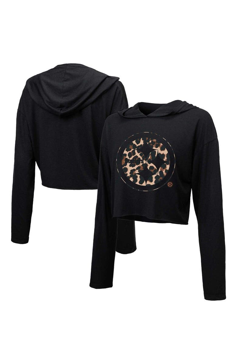 Majestic Threads Women's Majestic Threads Black Pittsburgh Steelers Leopard Cropped Pullover Hoodie, Main, color, 