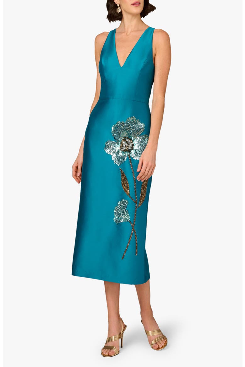Beaded V-Neck Midi Dress, Main, color, PEACOCK