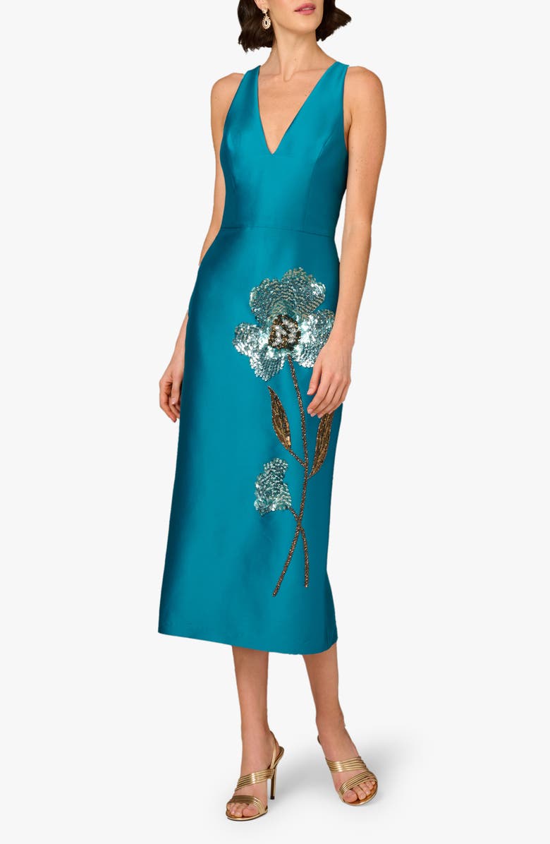Aidan Mattox Beaded V-Neck Midi Dress, Main, color, Peacock