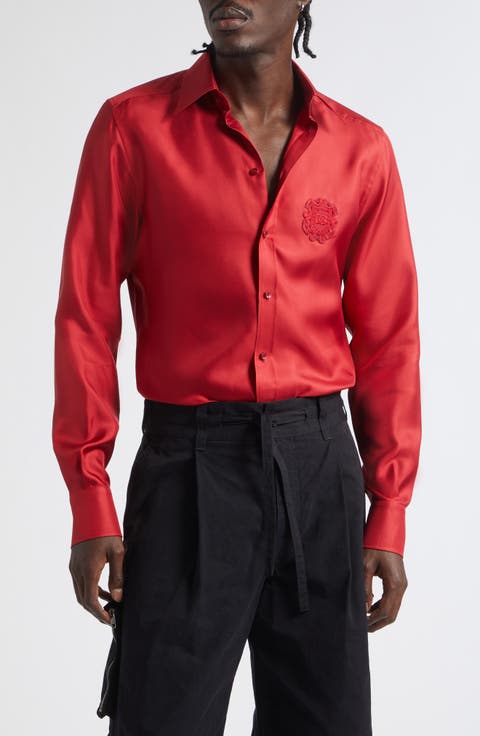 Martini Fit Embroidered Crest Silk Twill Button-Up Shirt