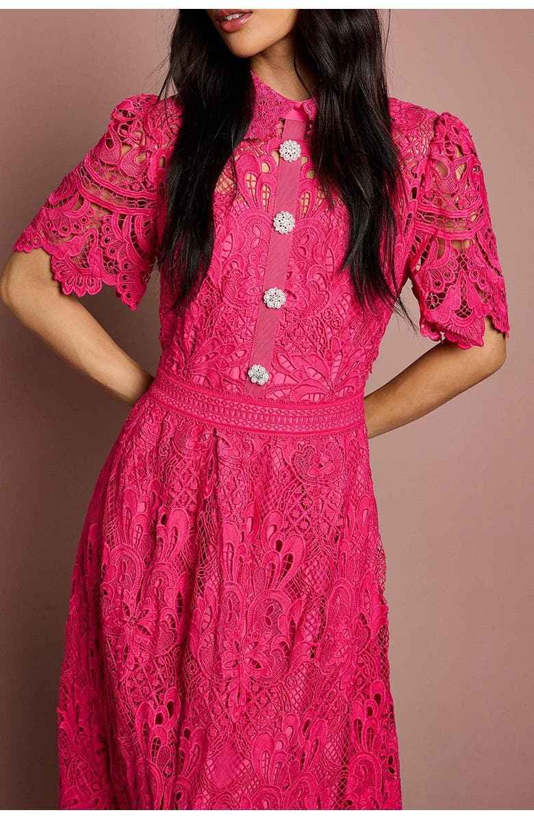 Coast Short Sleeve Collared Lace Midi Dress, Alternate, color, Raspberry