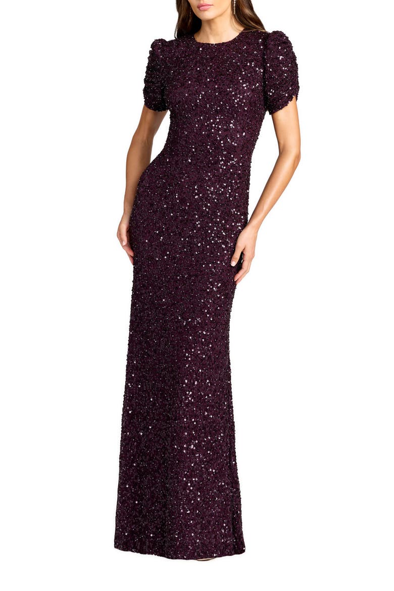 Women's Embellished Mesh High-Neck Short Sleeve Gown, Main, color, Blackberry