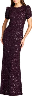 Mac Duggal Women's Embellished Mesh High-Neck Short Sleeve Gown