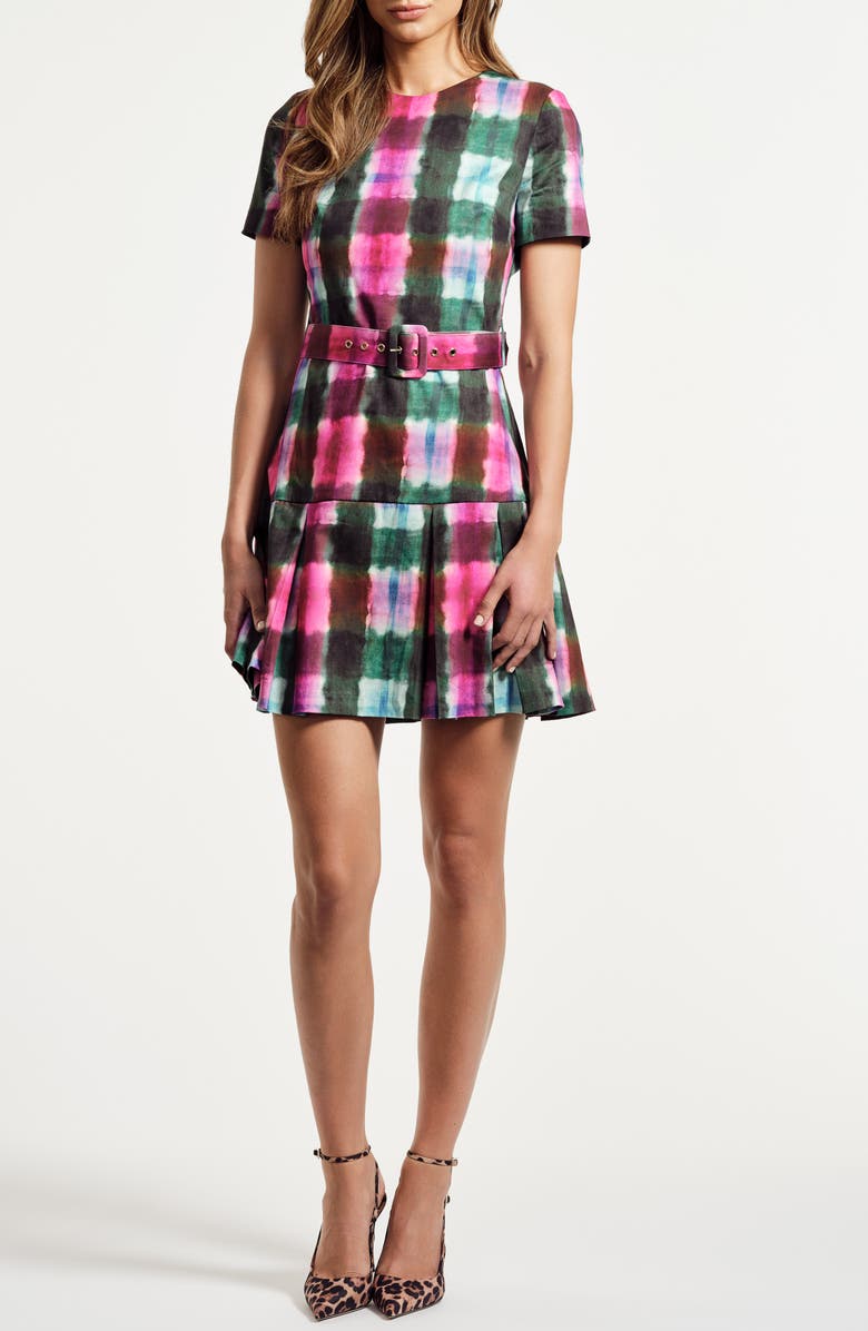 Isaac Mizrahi New York Tie Dye Pleated Belted Drop Waist Stretch Cotton Minidress, Main, color, Watercolor Tartan