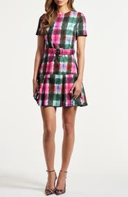 Isaac Mizrahi New York Tie Dye Pleated Belted Drop Waist Stretch Cotton Minidress
