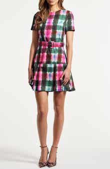 Isaac Mizrahi New York Tie Dye Pleated Belted Drop Waist Stretch Cotton Minidress