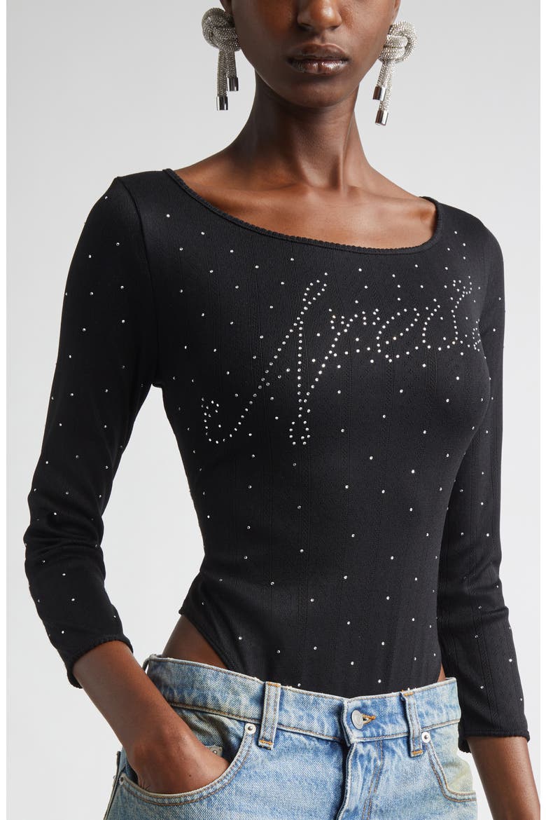 Ballerina Crystal Embellished Logo Pointelle Bodysuit, Alternate, color, BLACK