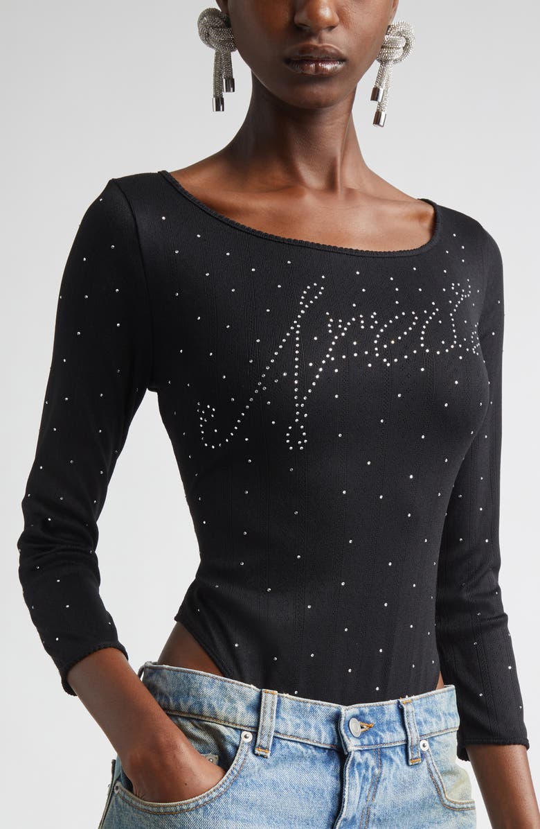 Area Ballerina Crystal Embellished Logo Pointelle Bodysuit, Alternate, color, Black