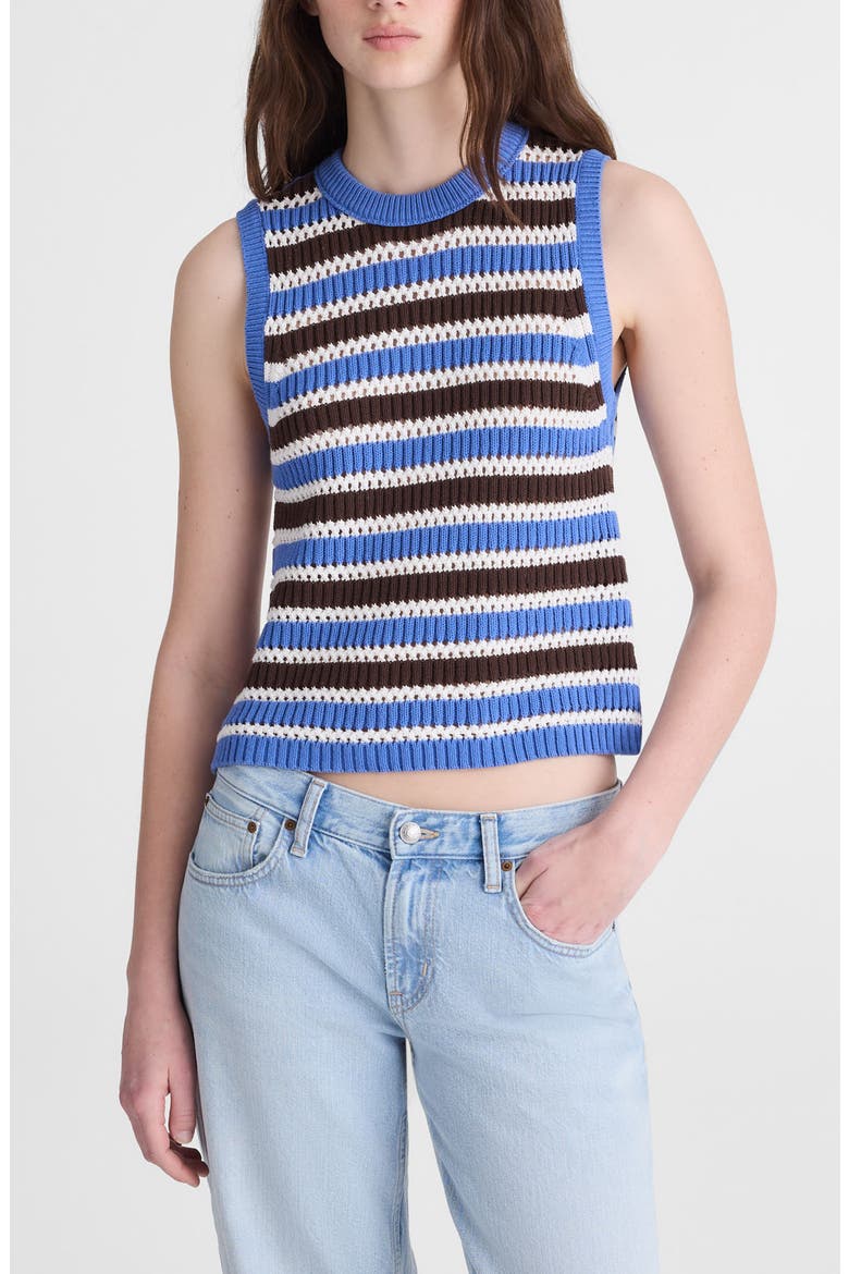 Open Stitch Sleeveless Sweater, Main, color, RETRO BLUE AND BROWN STRIPE