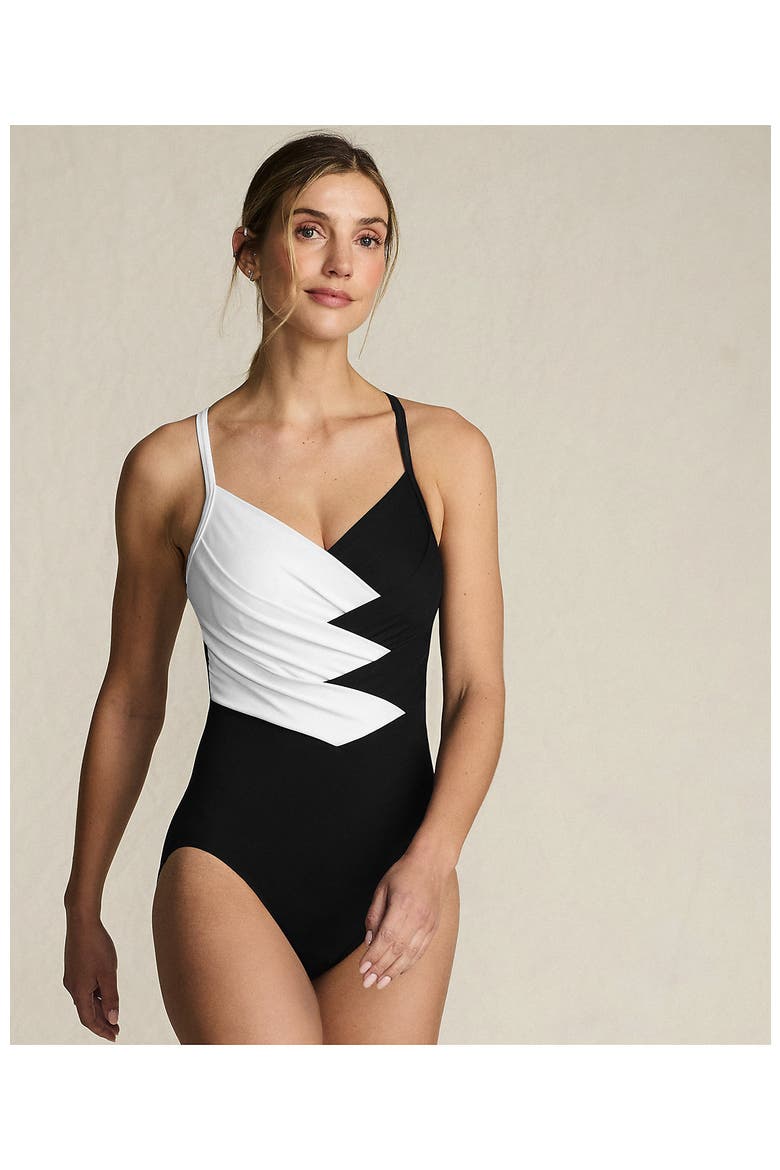 Slender Suit V-neck Pleated X-back One Piece Swimsuit Adjustable Straps, Alternate, color, Black/White